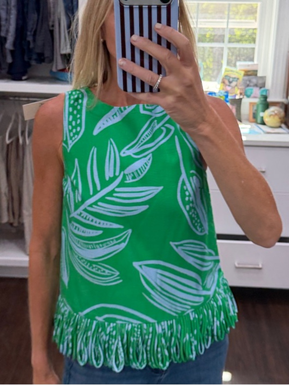 English Factory Sleeveless Green Leaf Print Fringe Hem Top XS NWT